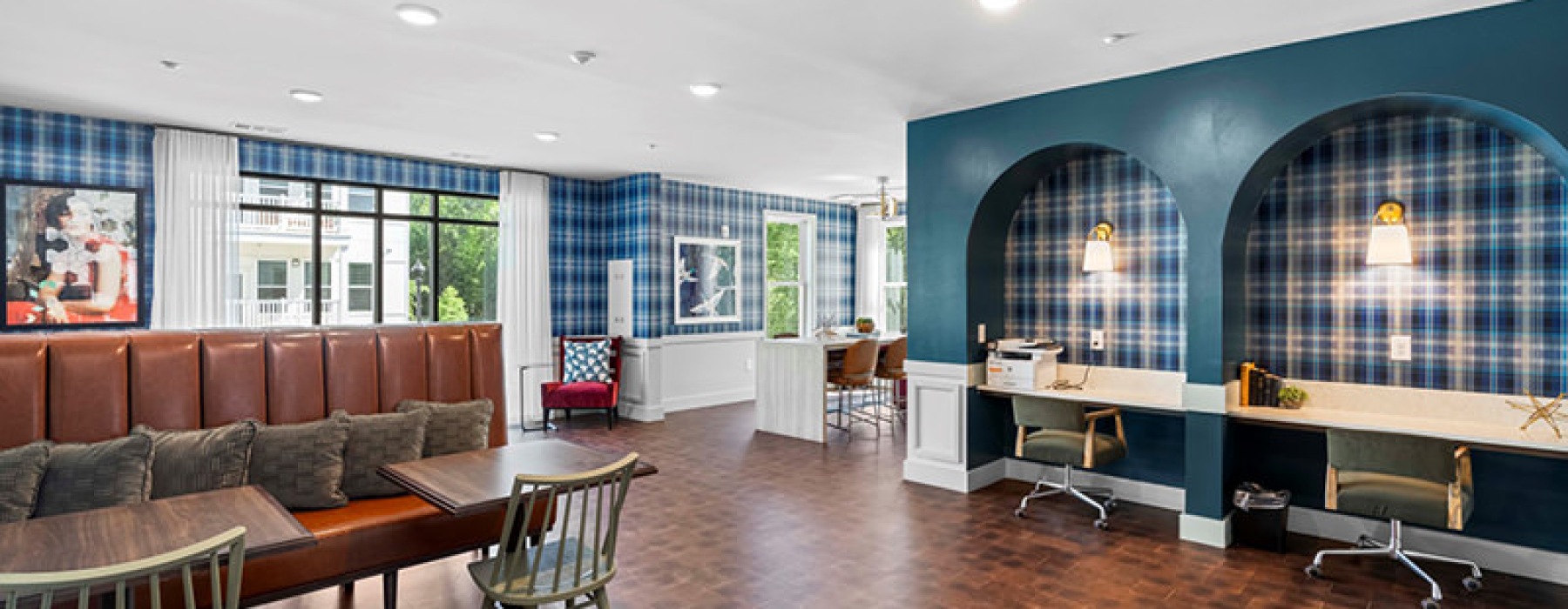 co-working space with seating and tables