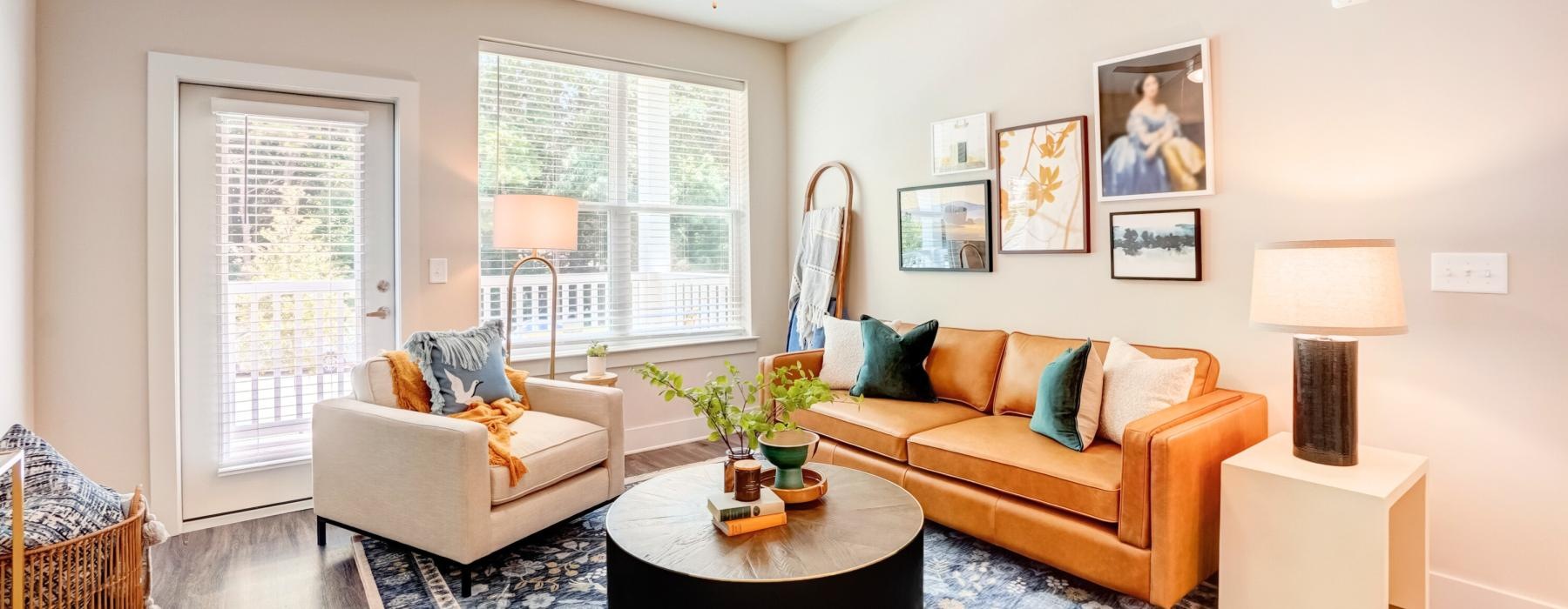 a living room with a couch and a coffee table