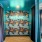 a room with a large blue curtain